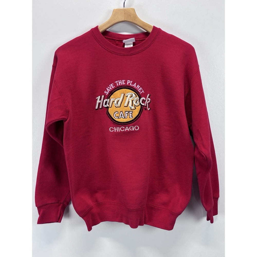 Vtg Hard Rock Cafe Chicago Sweatshirt Sz Medium Men's Red Crew Neck Bassett